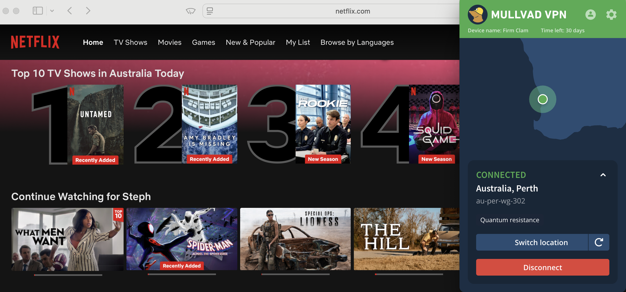 Netflix list of top shows in Australia today with Mullvad in the foreground