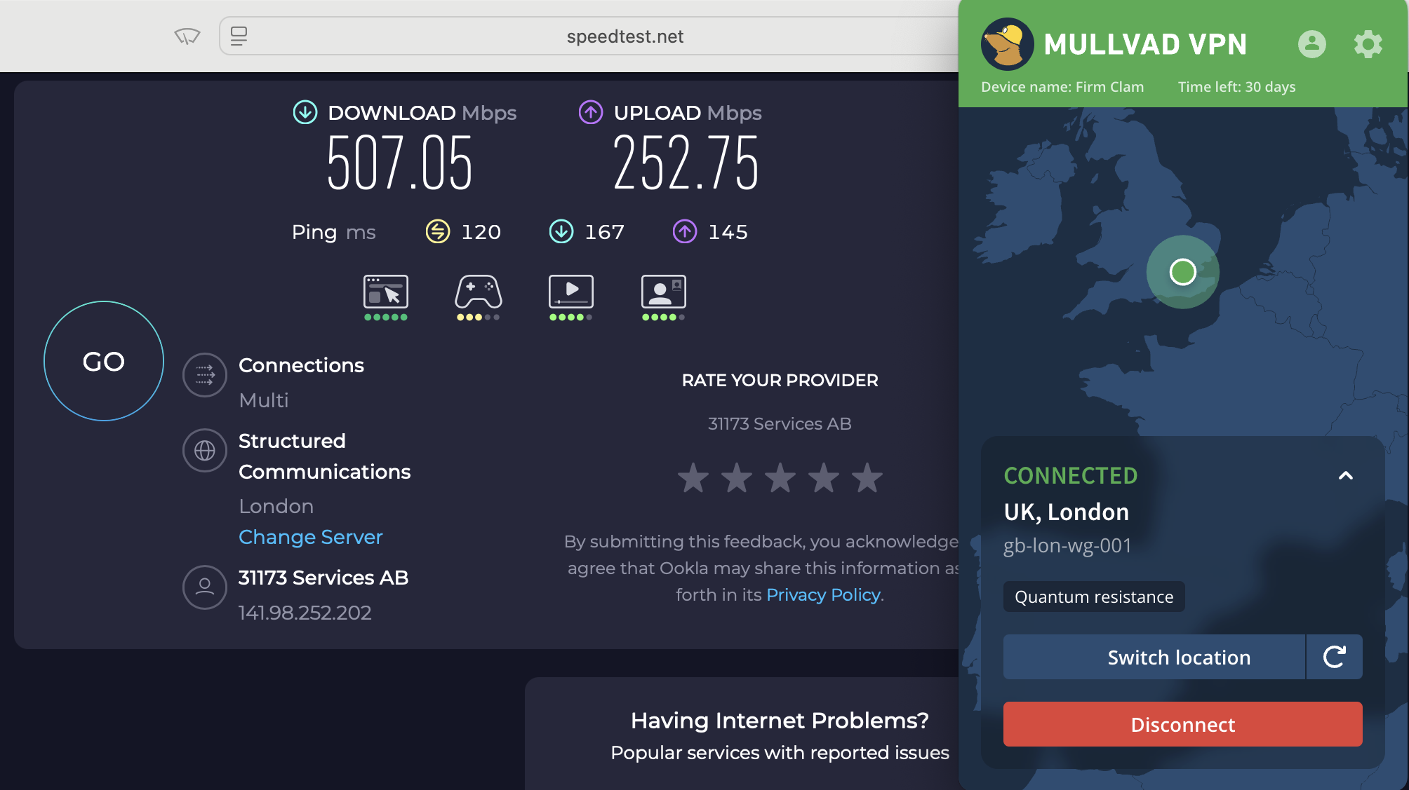 Speed test results for Mullvad while connected to a server in McAllen (507.05 download, 252.75 upload, 120 ping)
