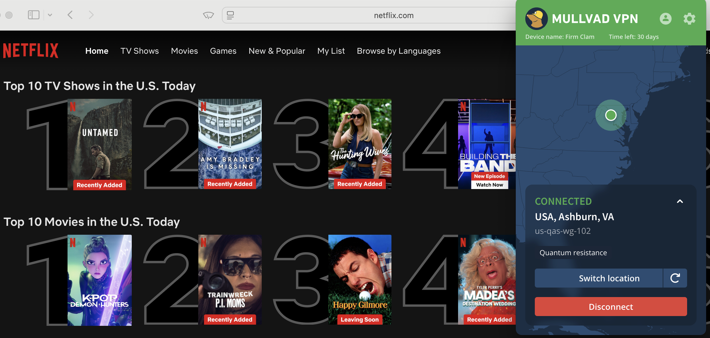 Netflix list of top shows and movies in the U.S. today with Mullvad in the foreground