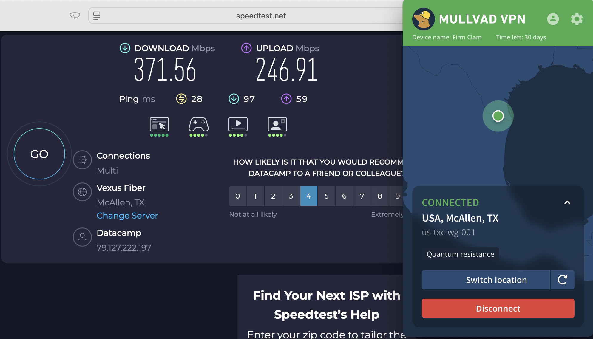 Speed test results for Mullvad while connected to a server in McAllen (371.56 download, 246.91 upload, 28 ping)
