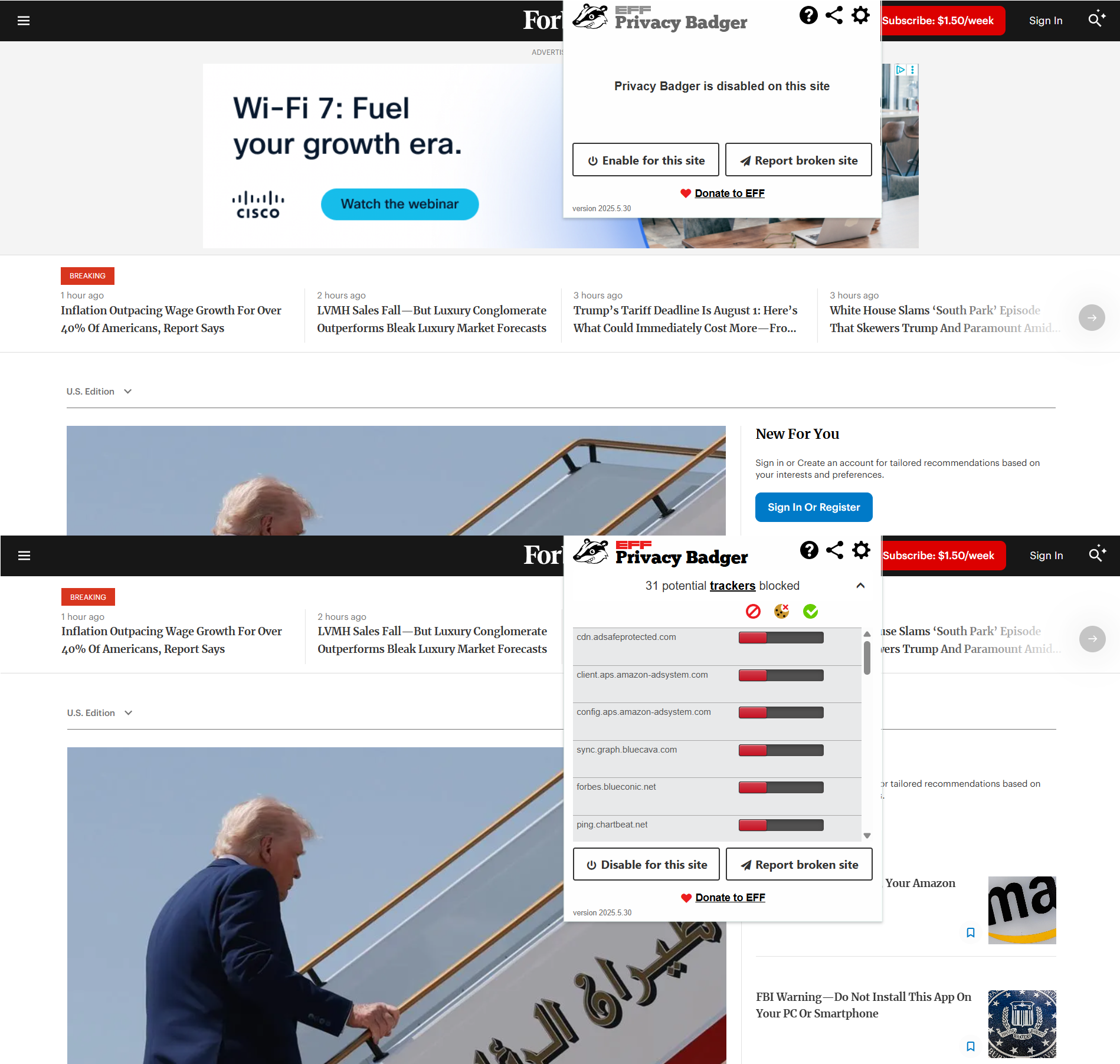 The Forbes homepage with Privacy Badger paused followed by the Forbes homepage with Privacy Badger enabled