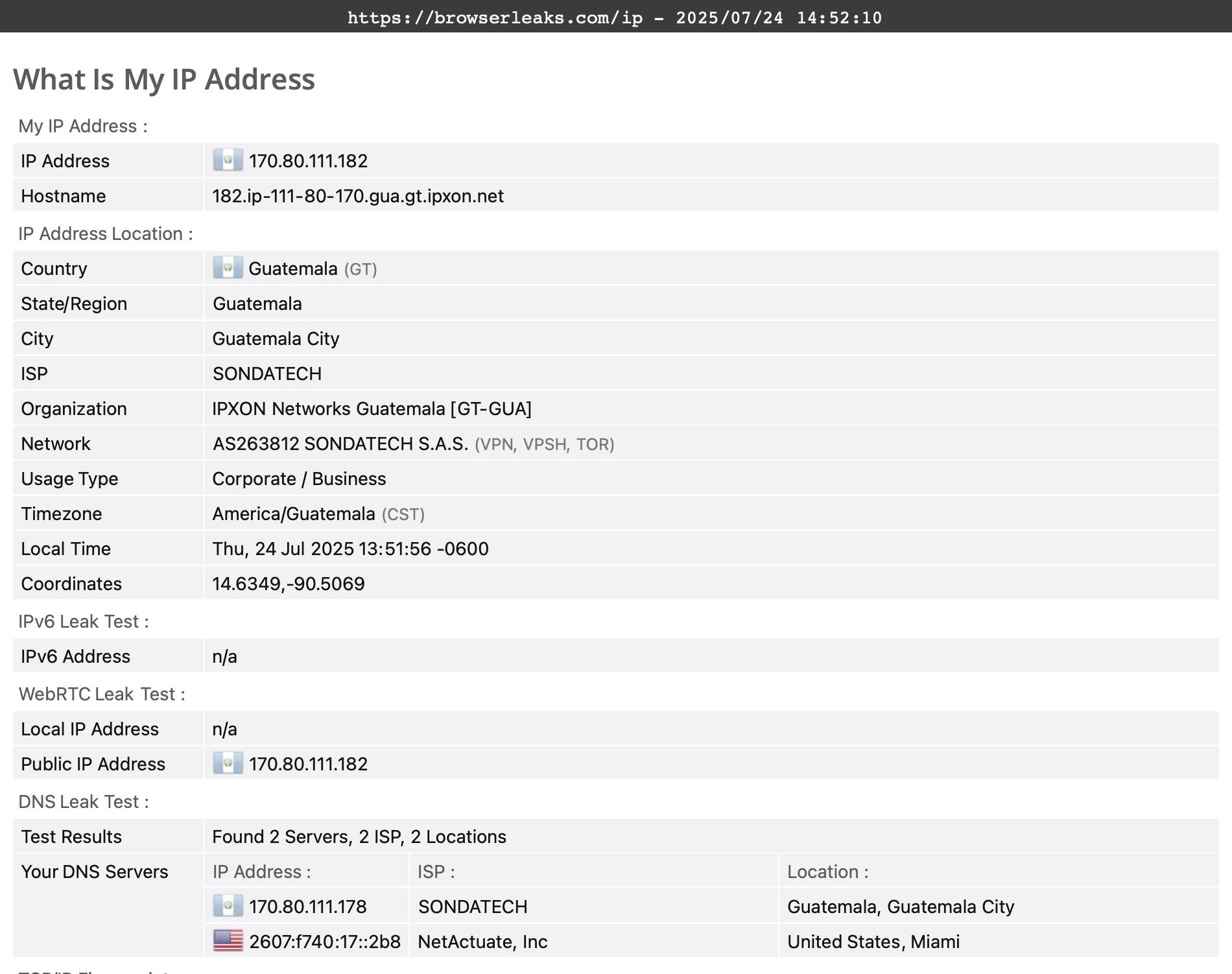 Windscribe's DNS leak test results (pass)