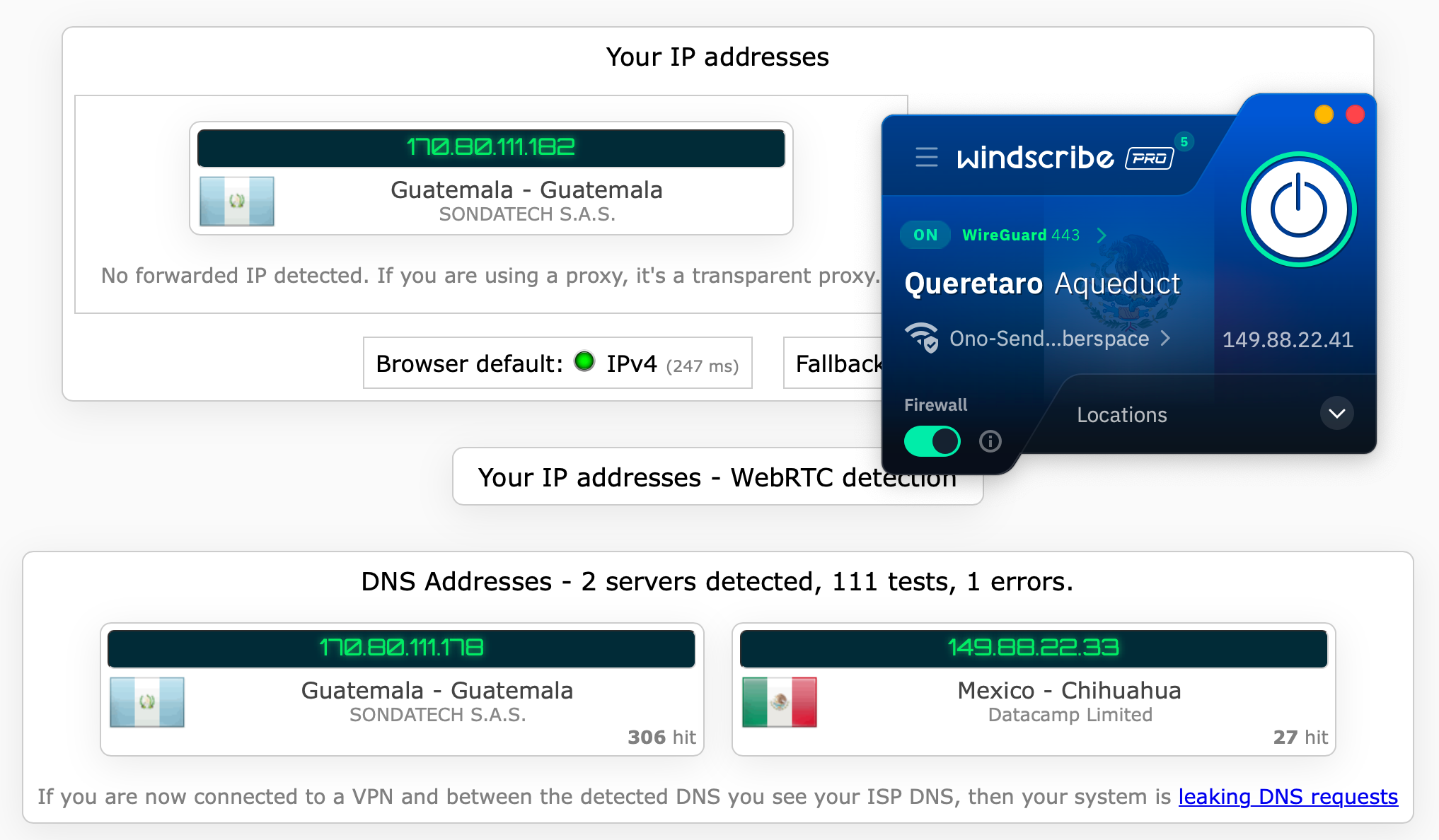 Windscribe's kill switch test results (pass)