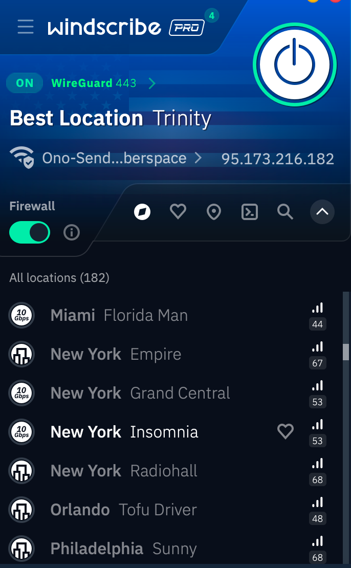 Windscribe dashboard extended showing list of US East servers