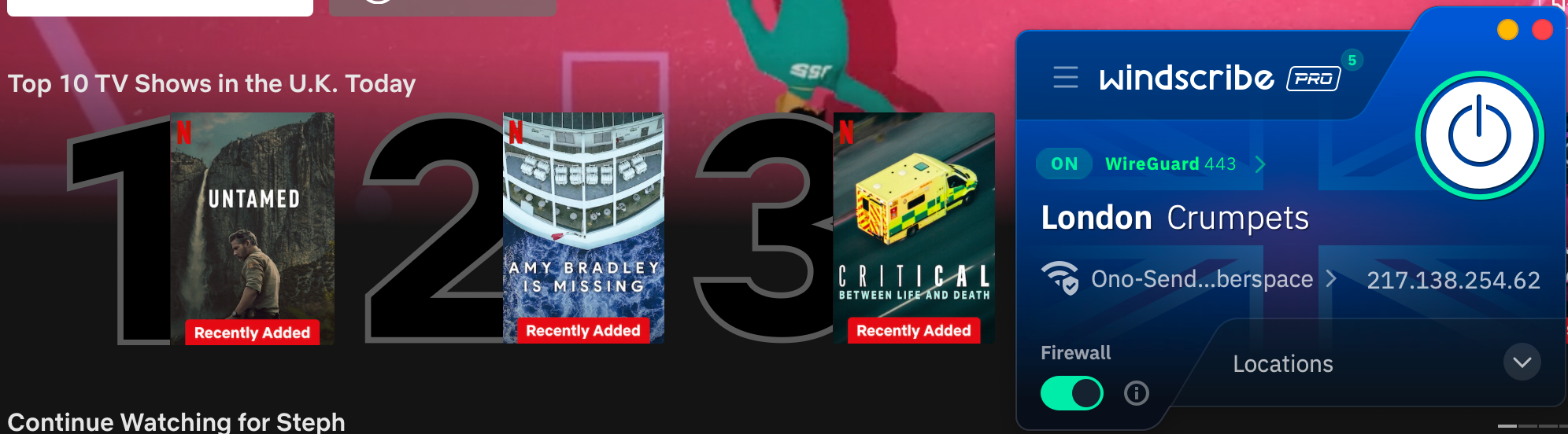 Netflix list of top shows in the U.K. today with Windscribe in the foreground