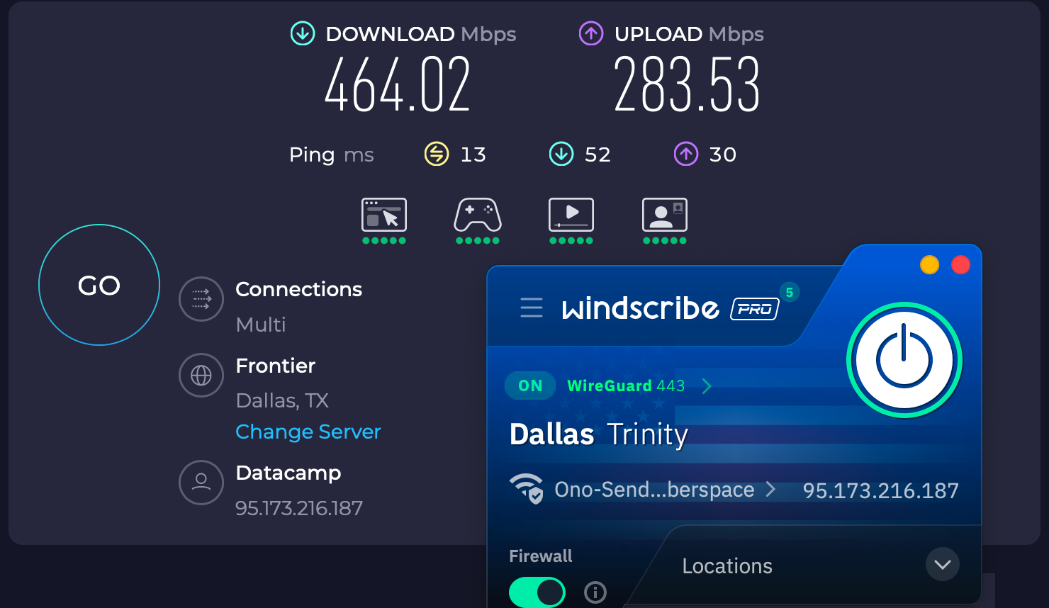 Speed test results for Windscribe while connected to a Dallas server (464.02 download, 283.53 upload, 13 ping).
