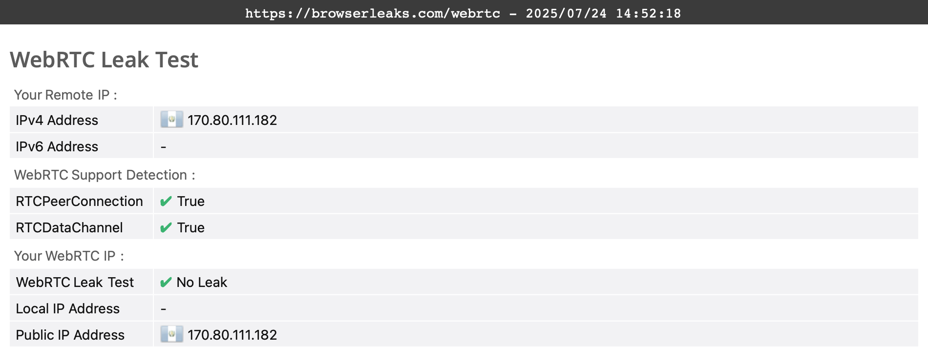 Windscribe's WebRTC leak test results (pass)