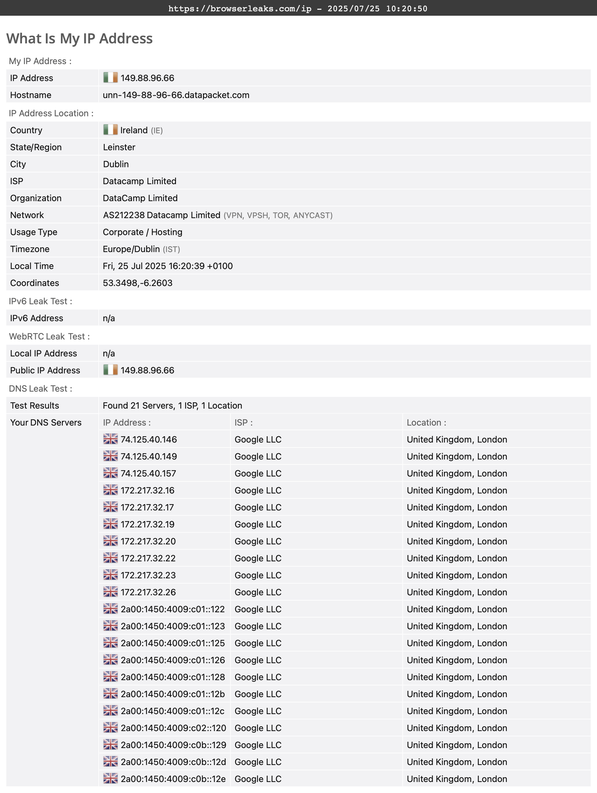 Hotspot Shield's DNS leak test results (pass)