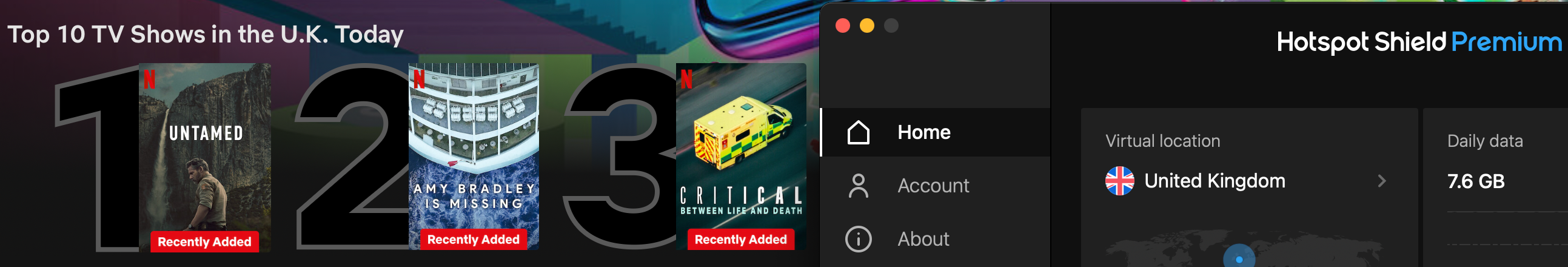 Netflix list of top shows in the U.K. today with Hotspot Shield in the foreground