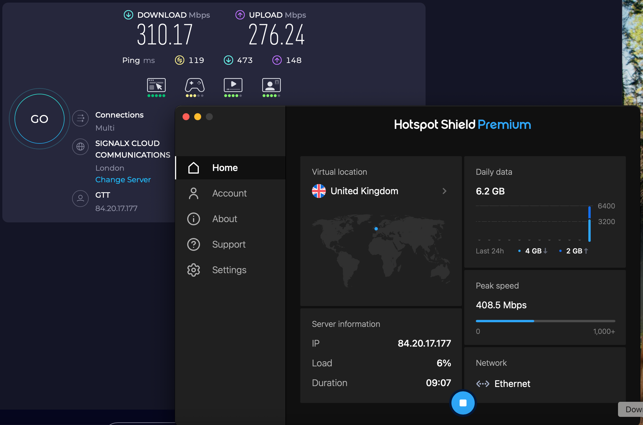 Speed test results for Hotspot Shield while connected to a Dallas server  (310.17 download, 276.24 upload, 119 ping)
