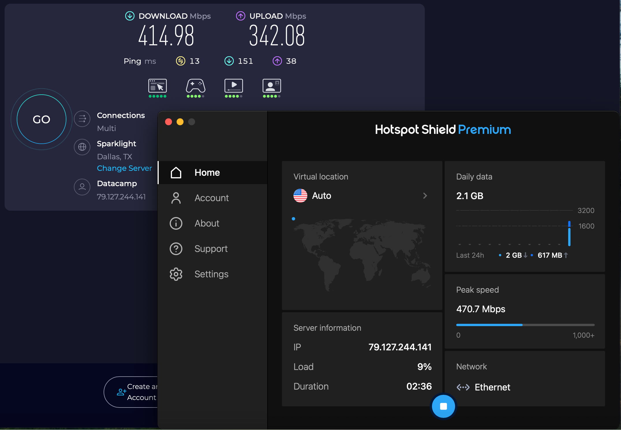 Speed test results for Hotspot Shield while connected to a Dallas server  (414.98 download, 342.08 upload, 13 ping)