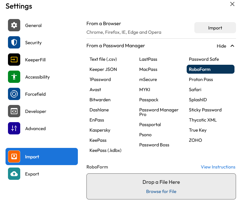 Keeper password manger list of import browser and password manager options