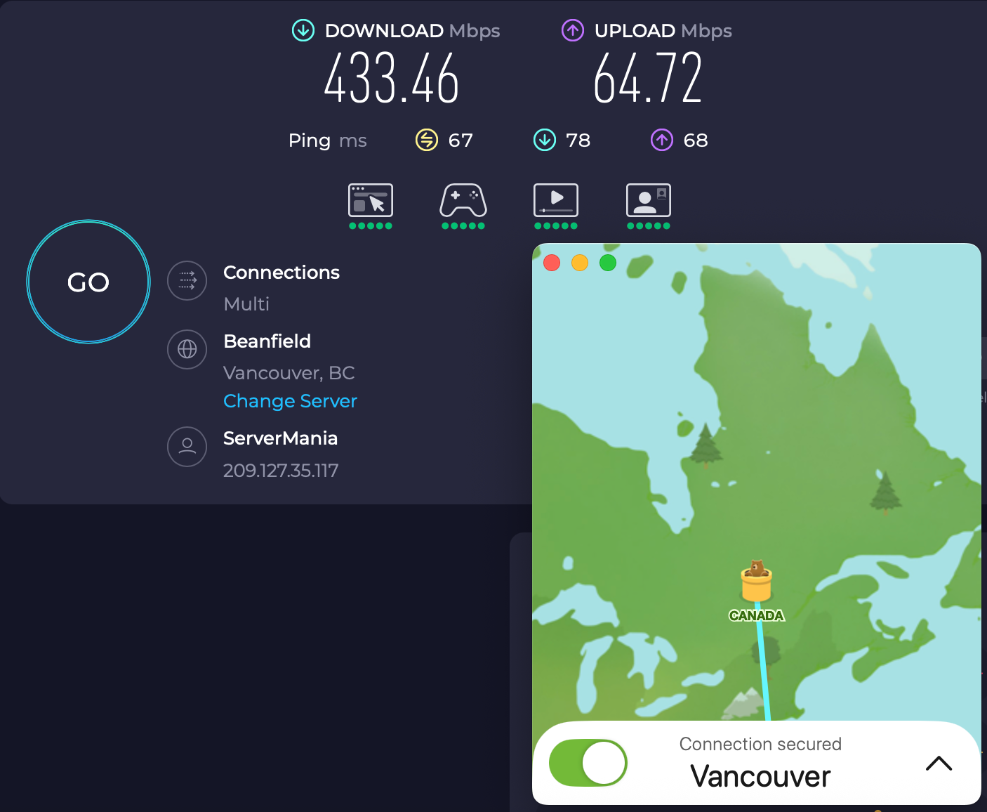 Speed test results for TunnelBear while connected to a server in Vancouver (433.46 download, 64.72 upload, and 67 ping)