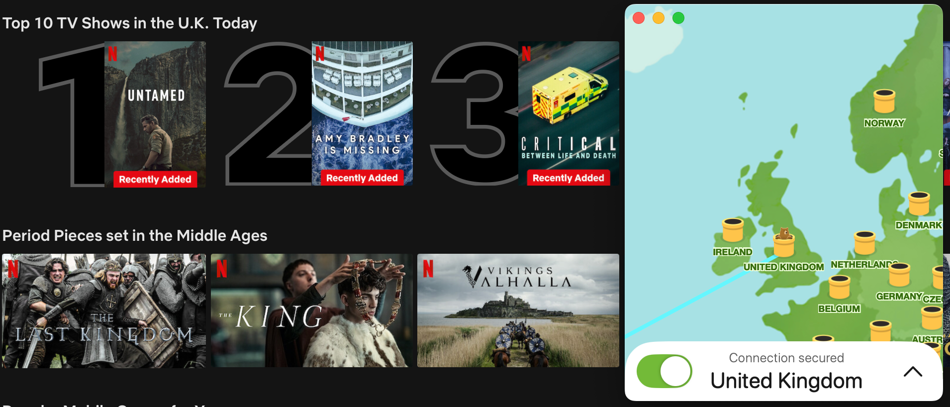 Netflix list of top shows in the U.K. today with TunnelBear in the foreground