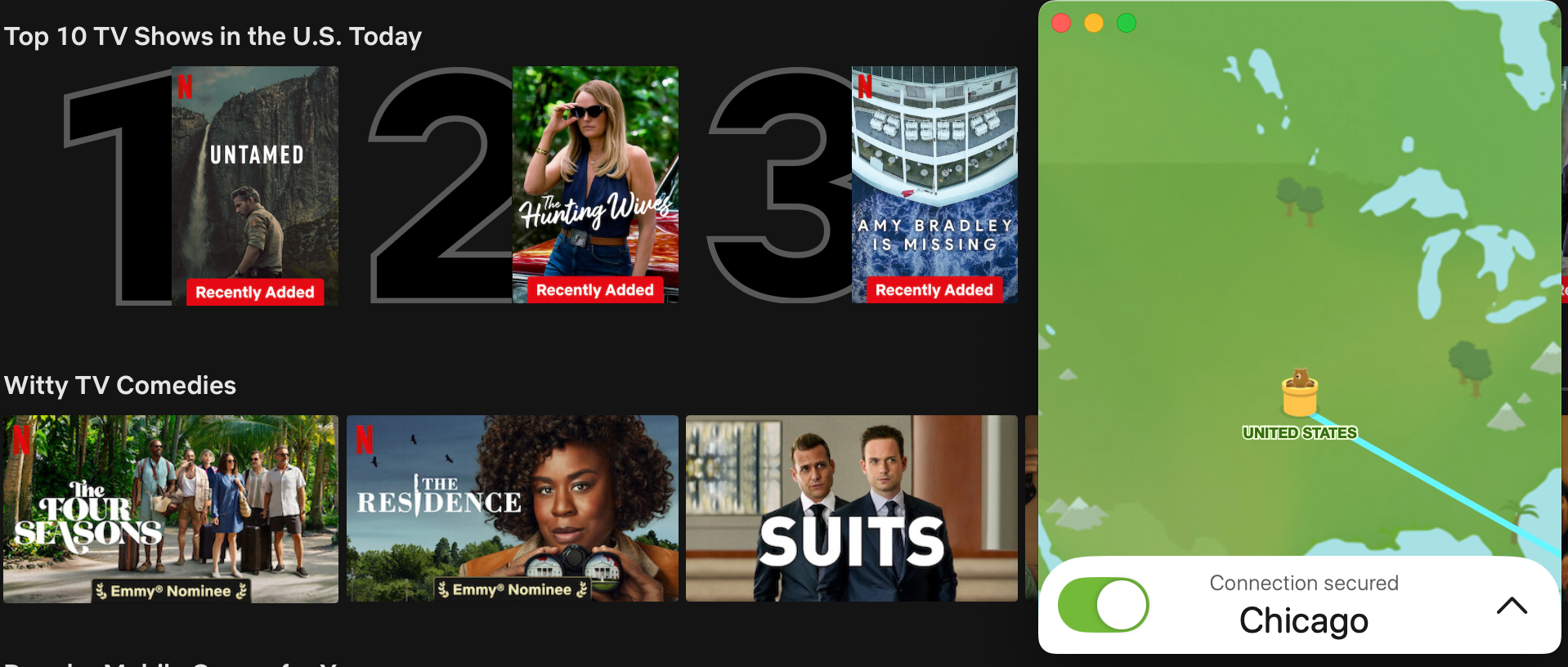 Netflix list of top shows in the U.S. today with TunnelBear in the foreground