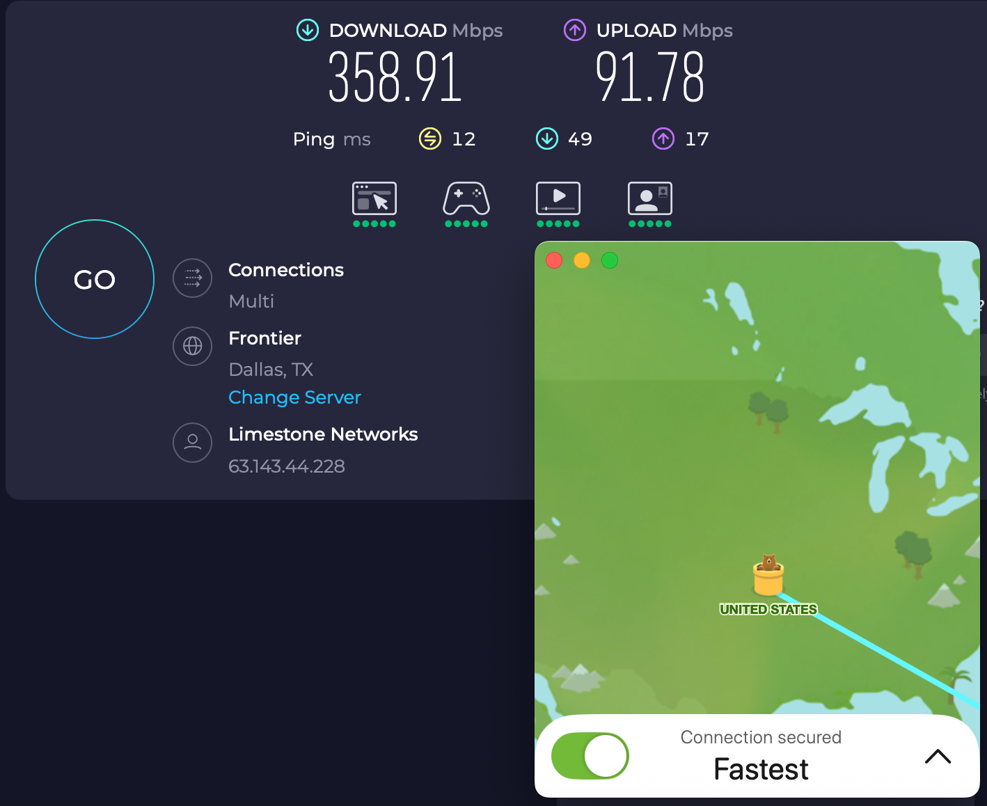 Speed test results for TunnelBear while connected to a server in Dallas (358.91 download, 91.78 upload, and 12 ping)