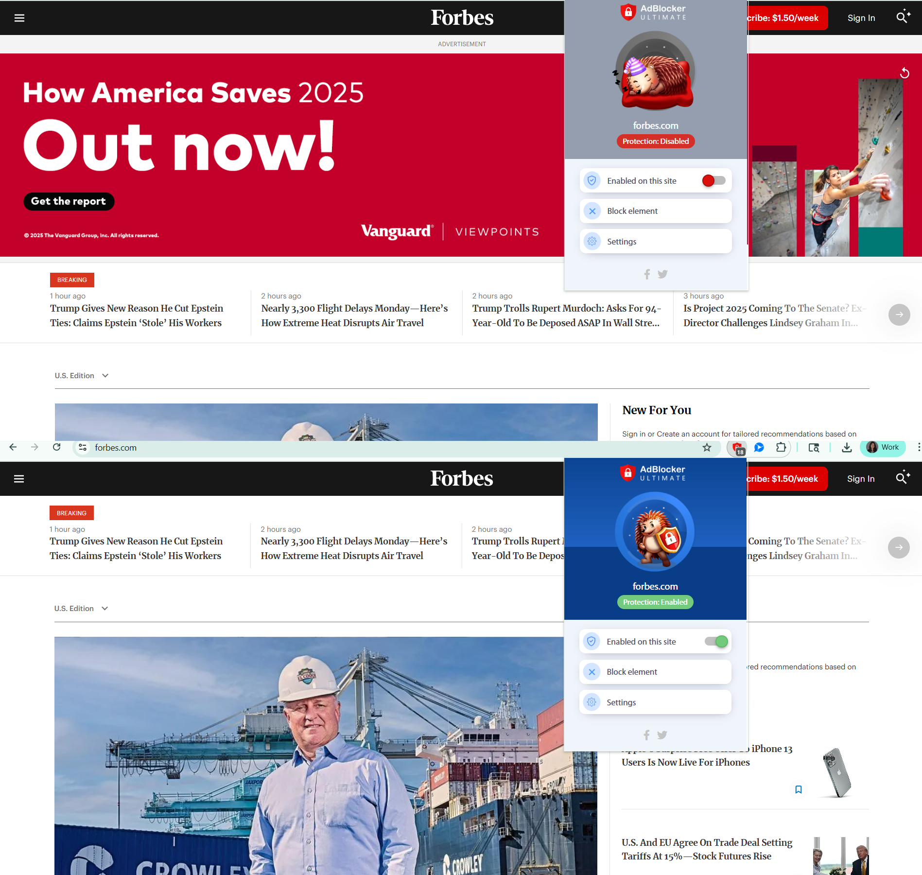 Forbes homepage, first with Adblocker Ultimate extension paused and then with Adblocker Ultimate extension enabled