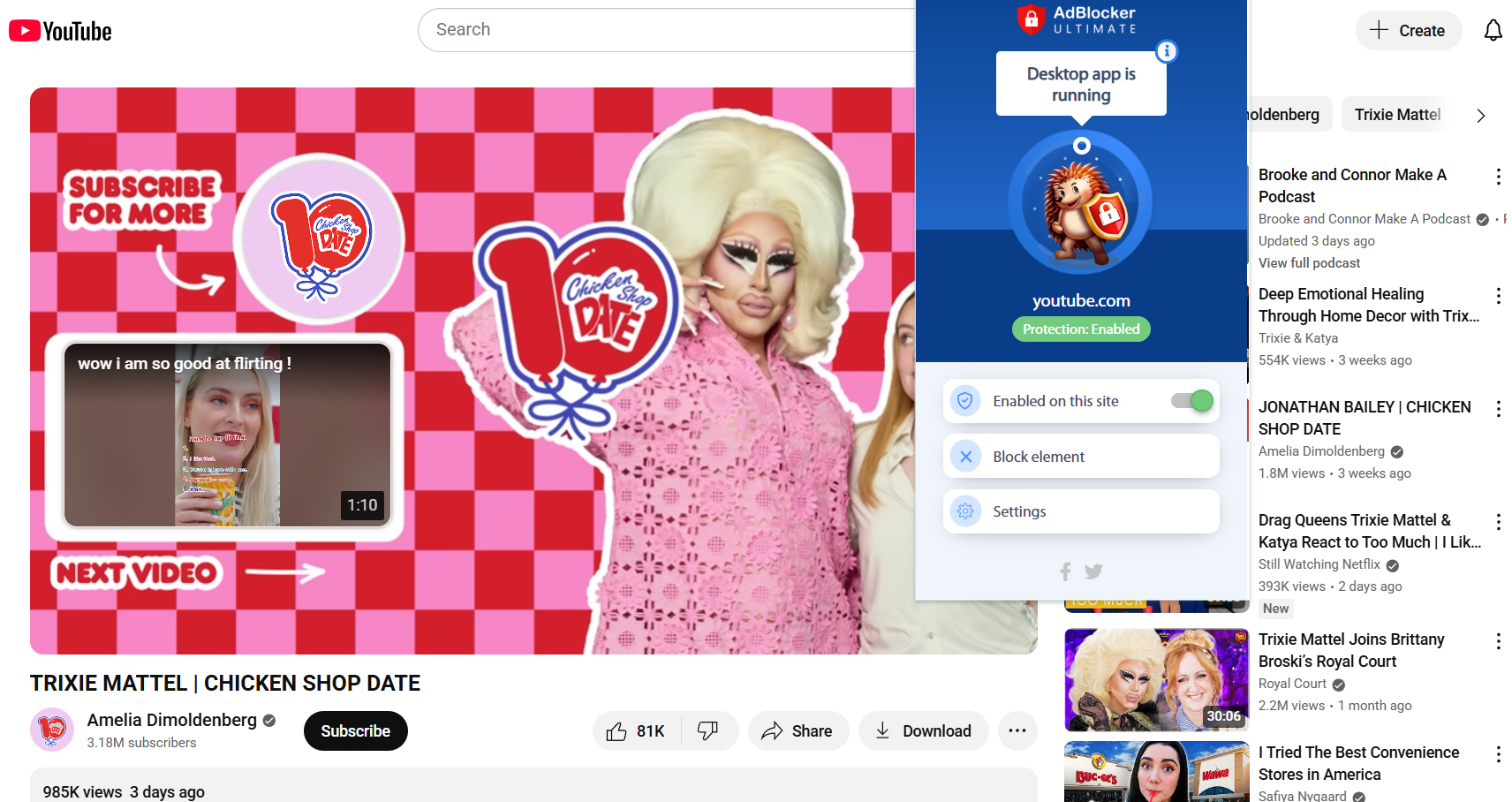 End of a YouTube video with Adblocker Ultimate extension open in the foreground