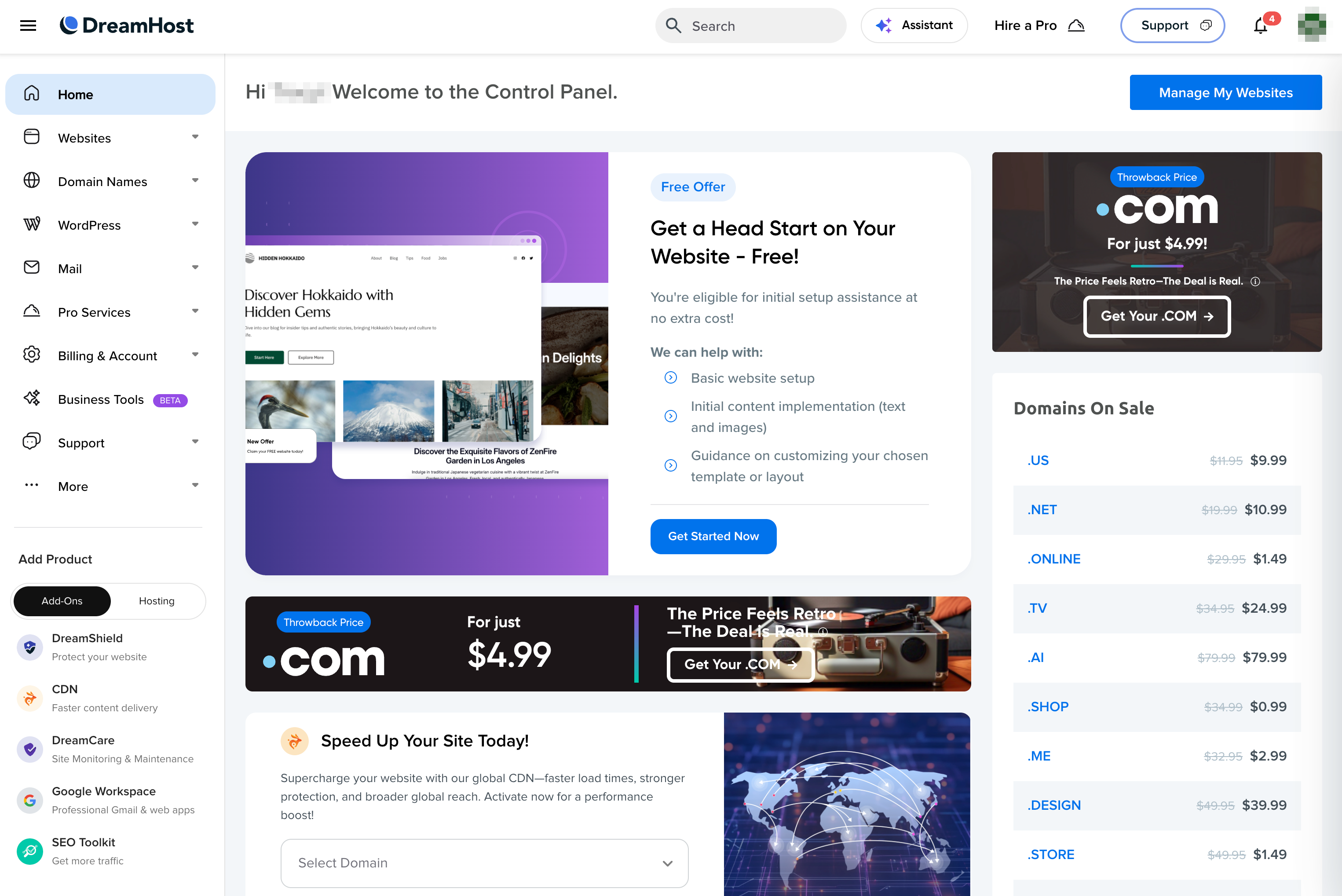 DreamHost control panel dashboard
