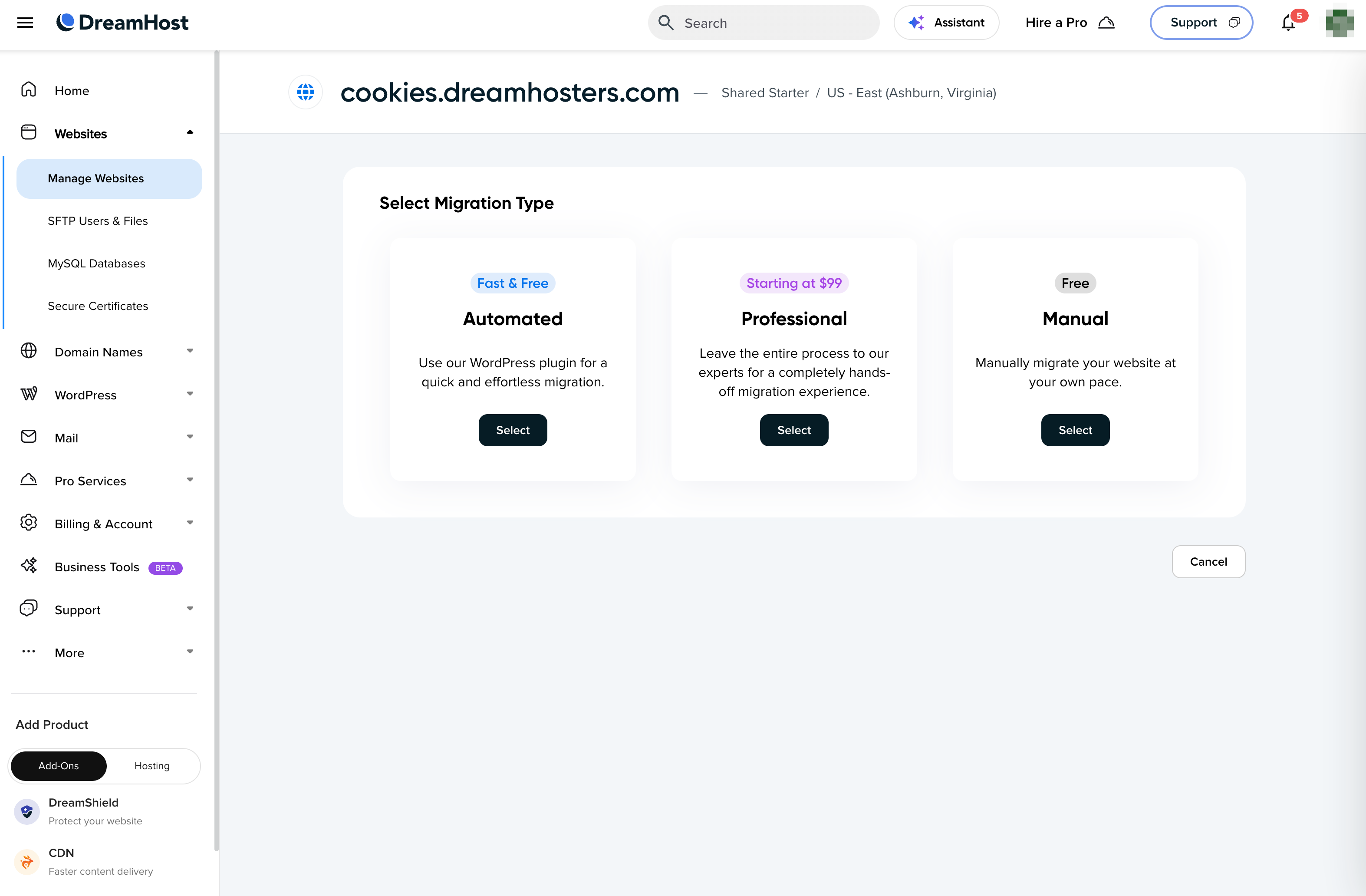 DreamHost WordPress migration select type for All About Cookies review