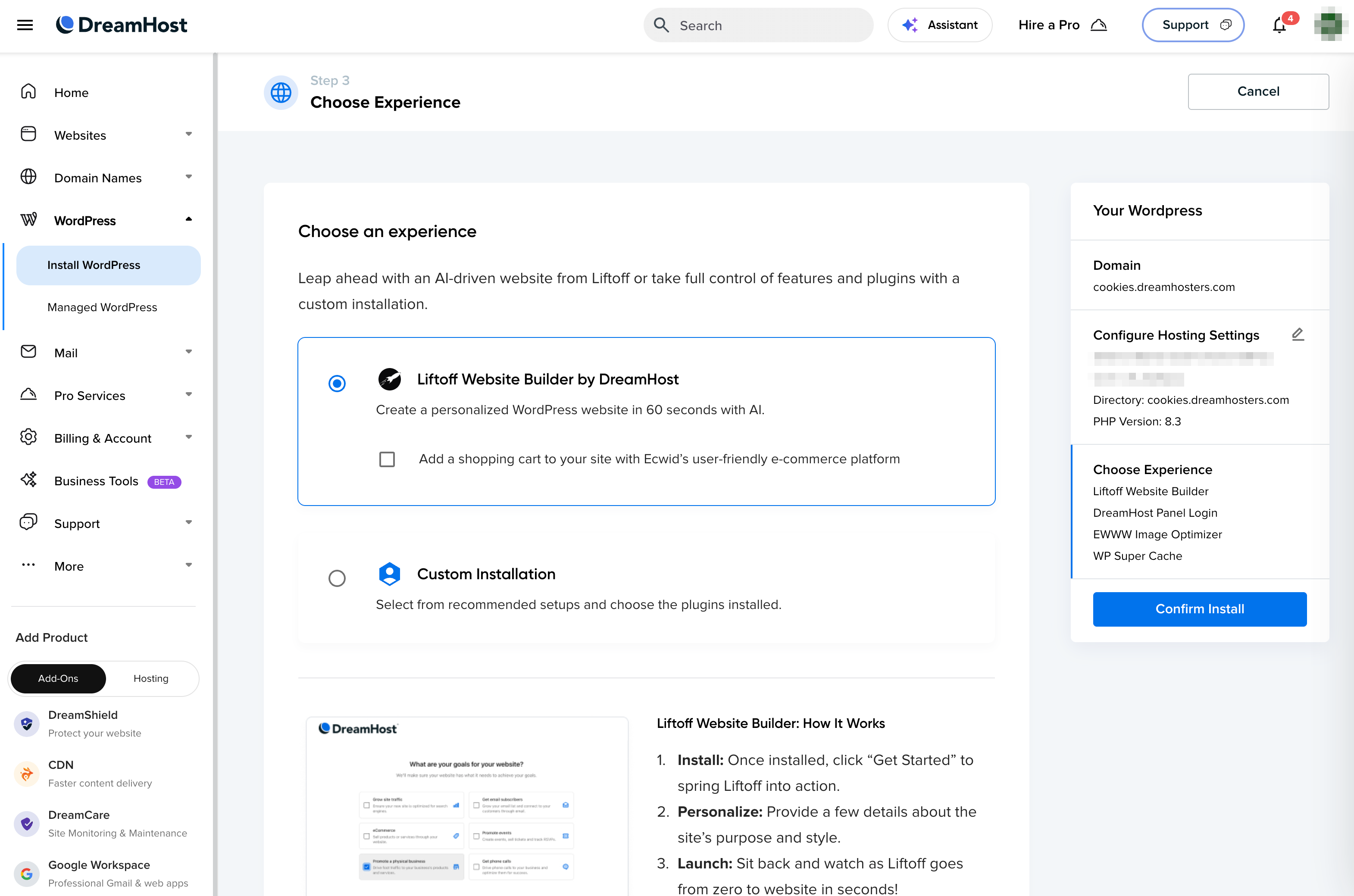 DreamHost choose web building experience for All About Cookies review