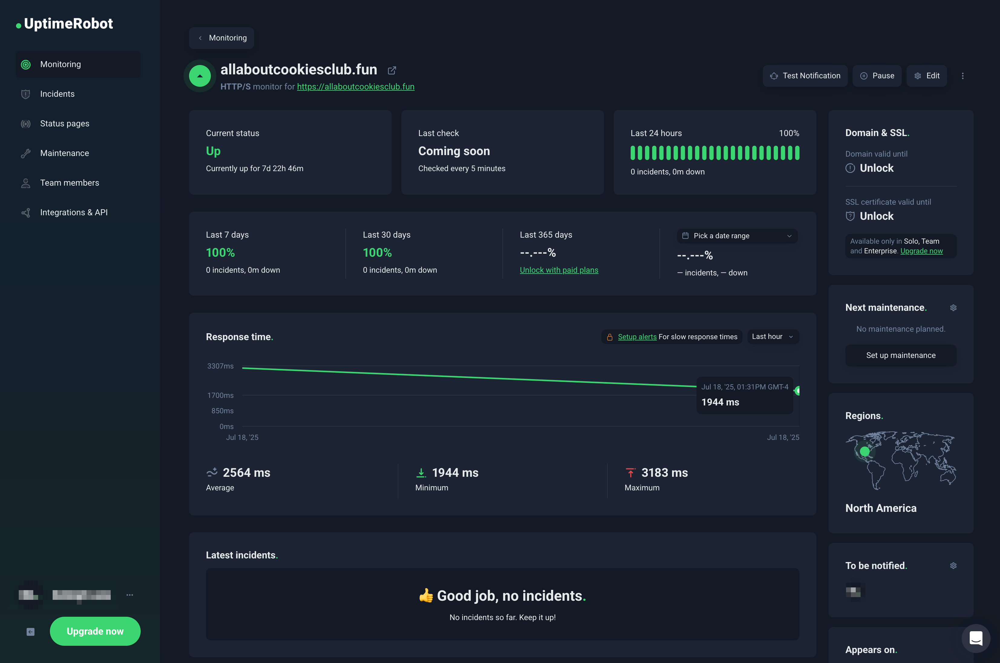 DreamHost uptime and response test results