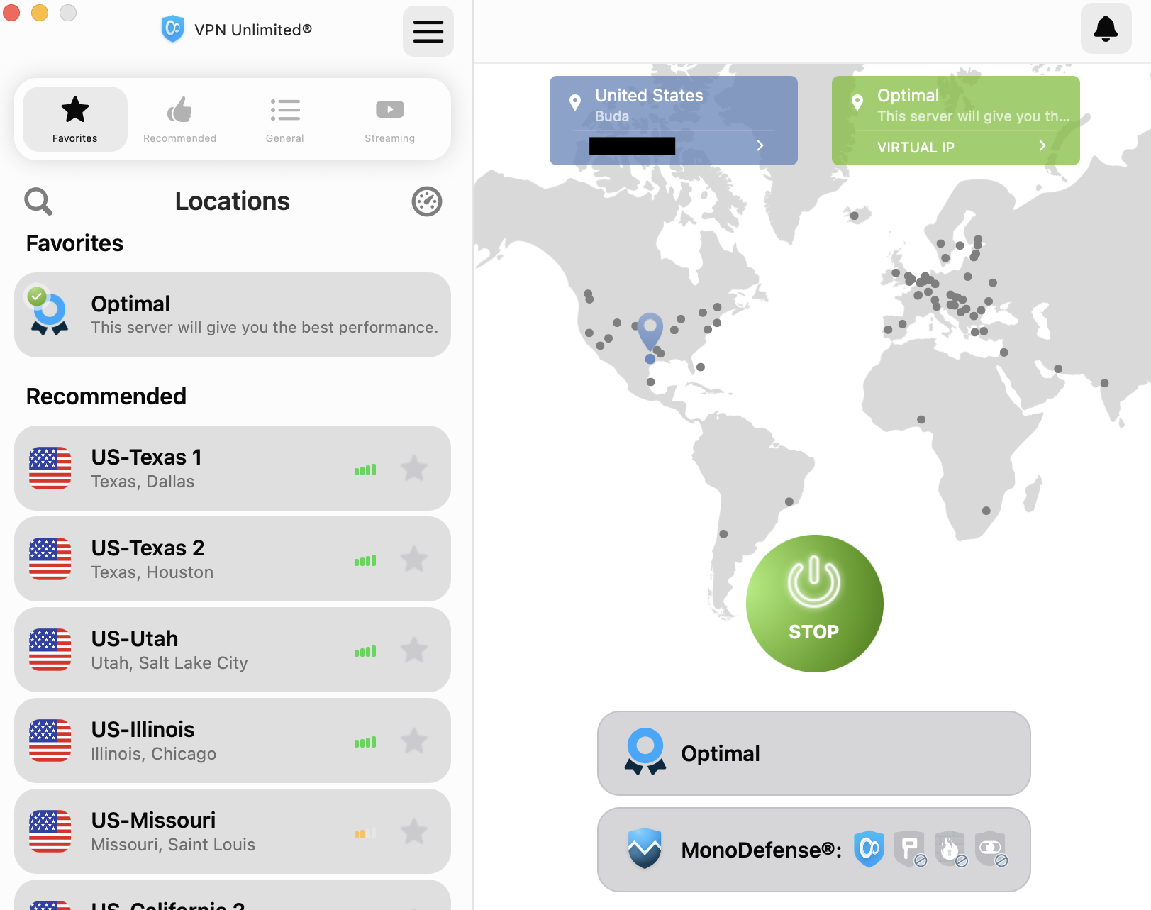 KeepSolid VPN Unlimited dashboard connected to optimal server.