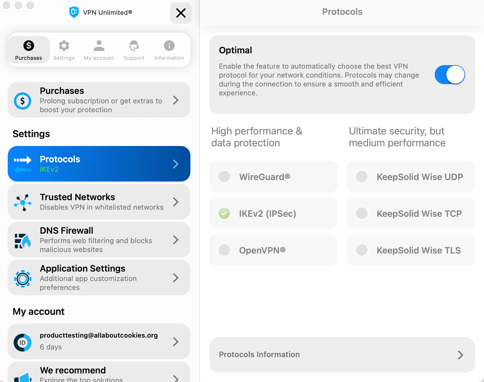 KeepSolid VPN Unlimited settings open on the protocol tab