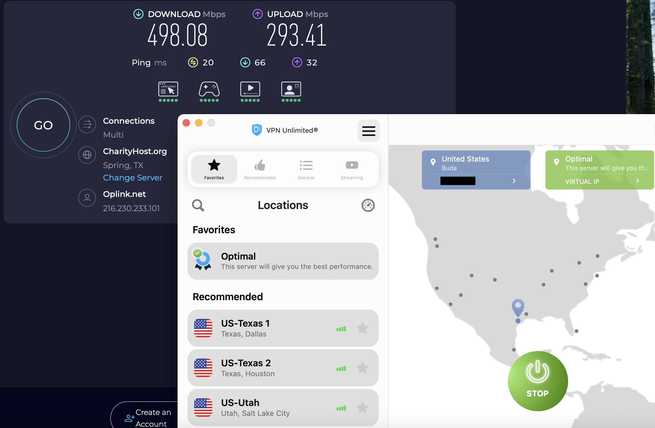Speed test results for KeepSolid VPN Unlimited while connected to a server in Houston (498.08 download, 293.41 upload, 20 ping)