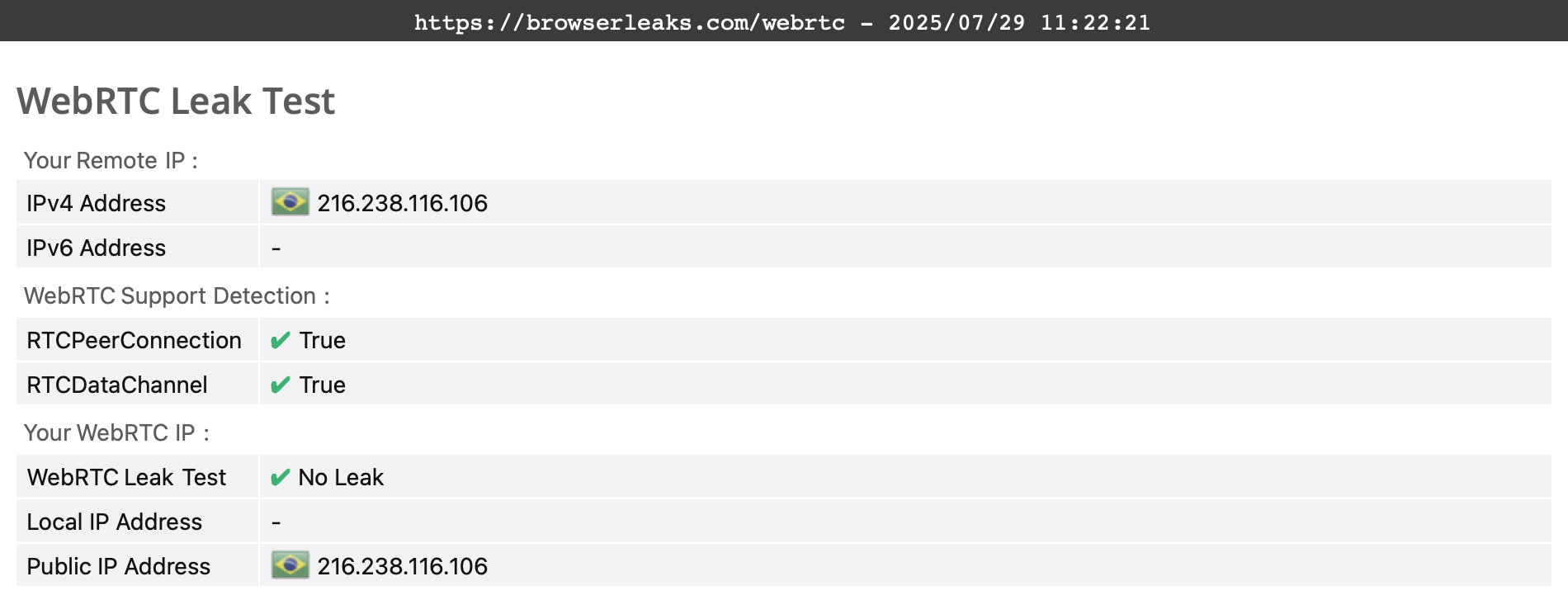 KeepSolid VPN Unlimited WebRTC leak test results (pass).  