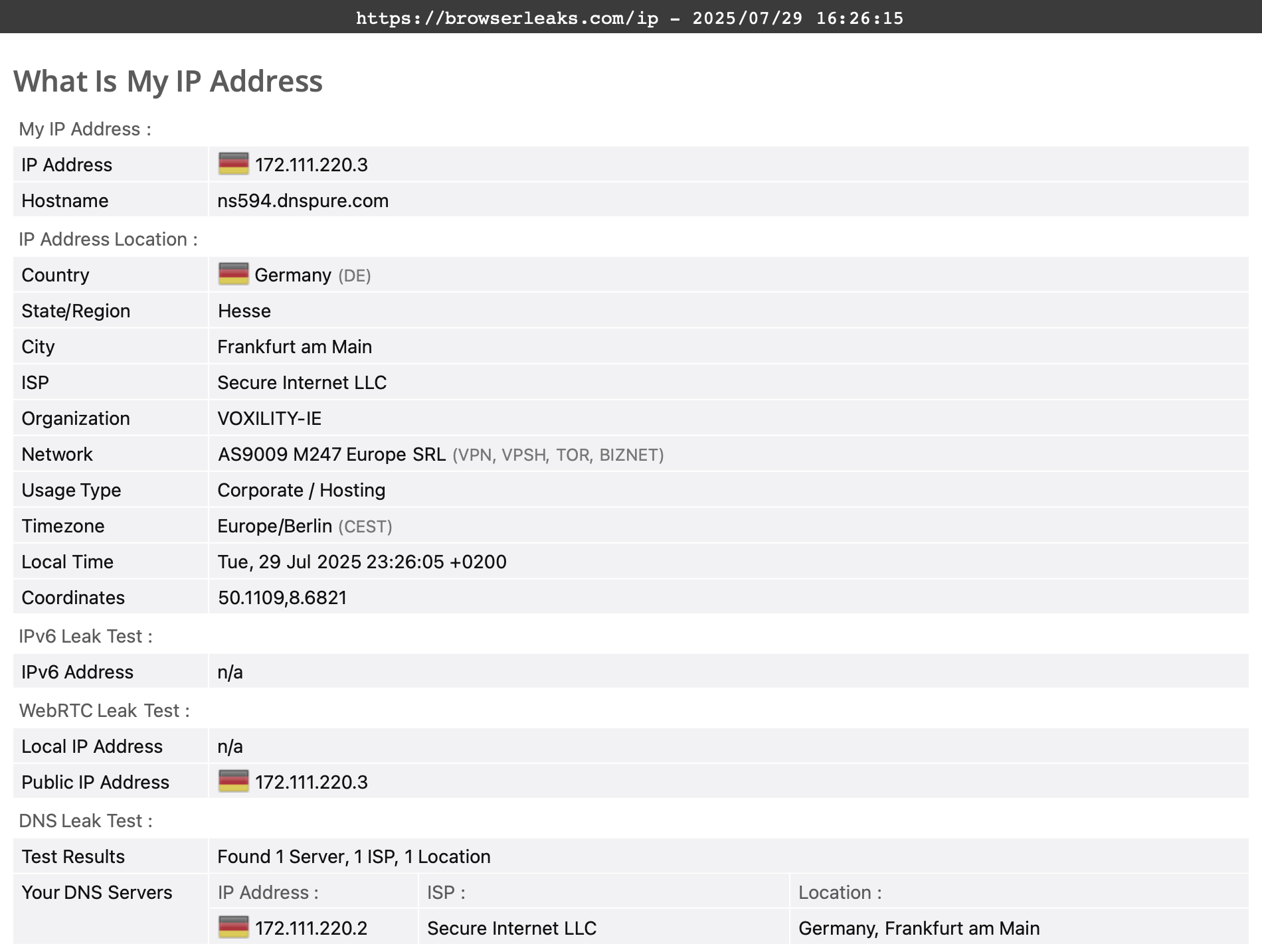 PureVPN's DNS leak test results (pass)