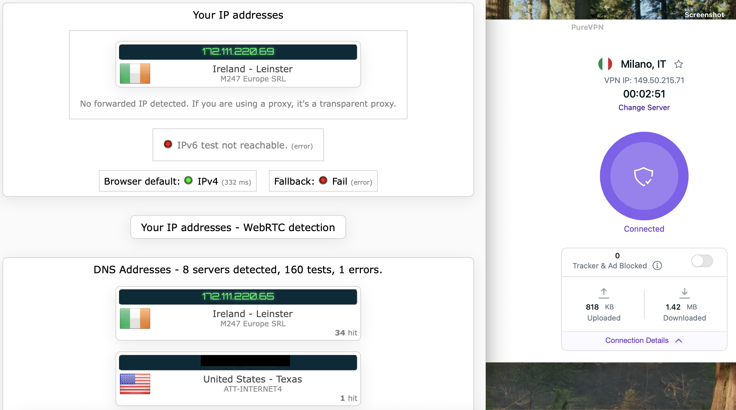 PureVPN's kill switch test results (pass)