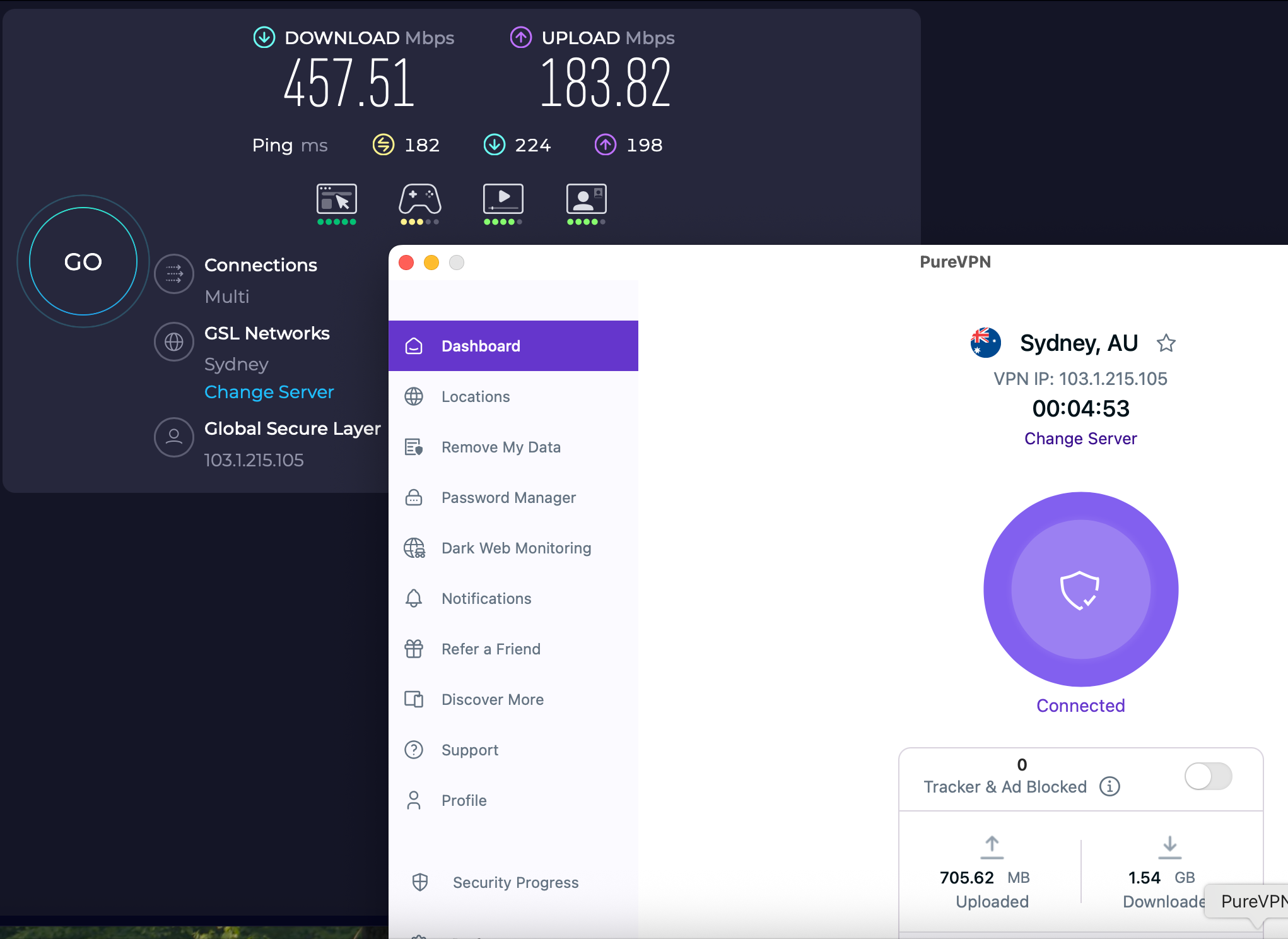 Speed test results for PureVPN while connected to a server in Sydney (457.51 download, 183.82 upload, 182 ping).