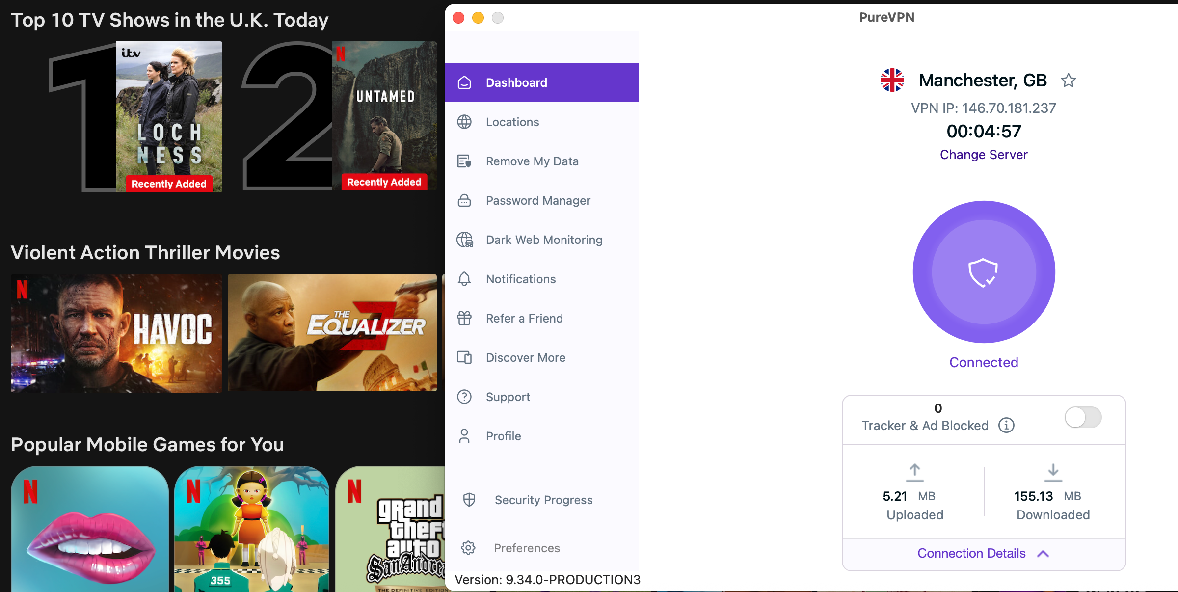 Netflix list of top shows in the U.K. today with PureVPN in the foreground