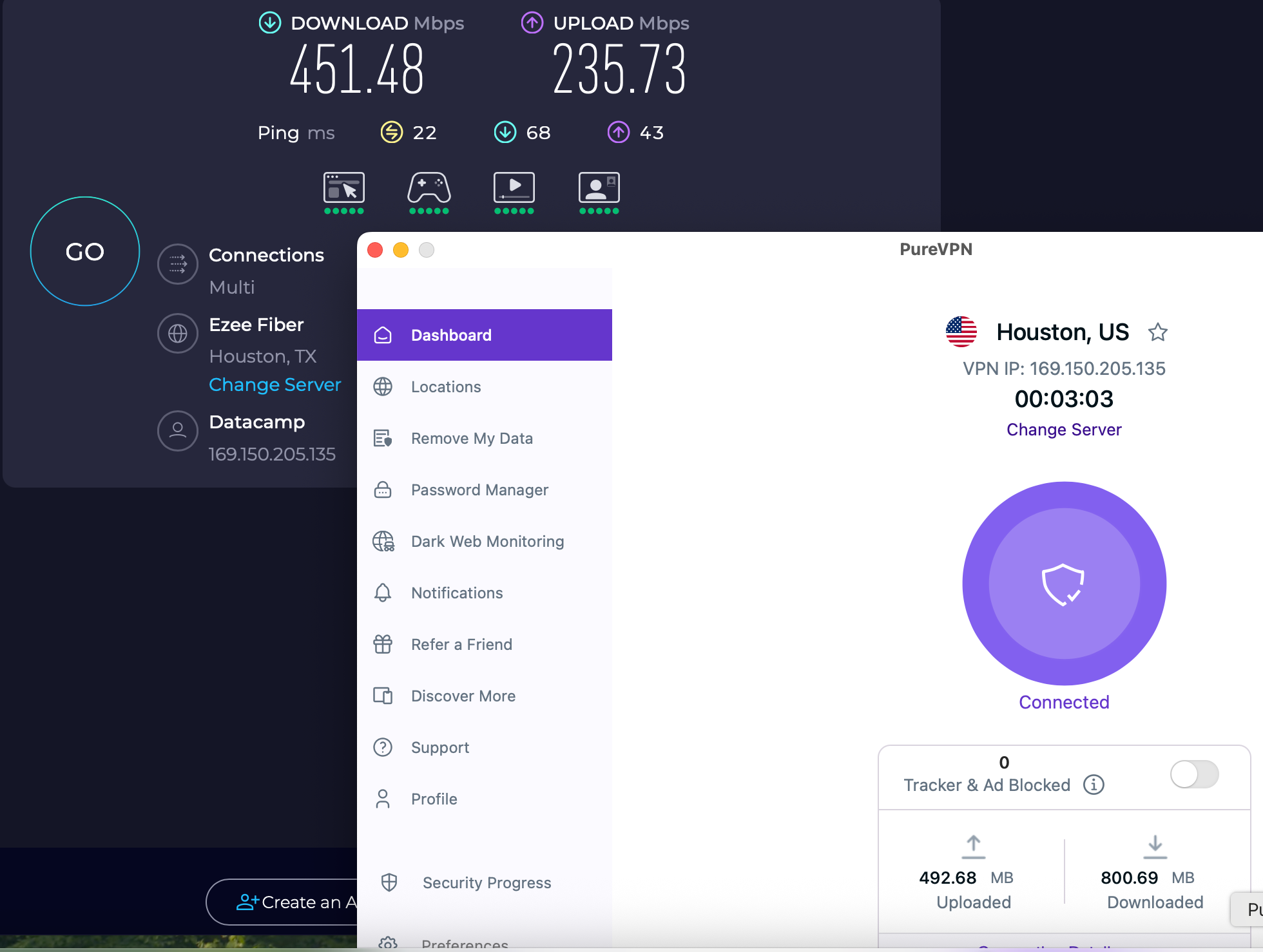 Speed test results for PureVPN while connected to a server in Houston (451.48 download, 235.73 upload, 22 ping).