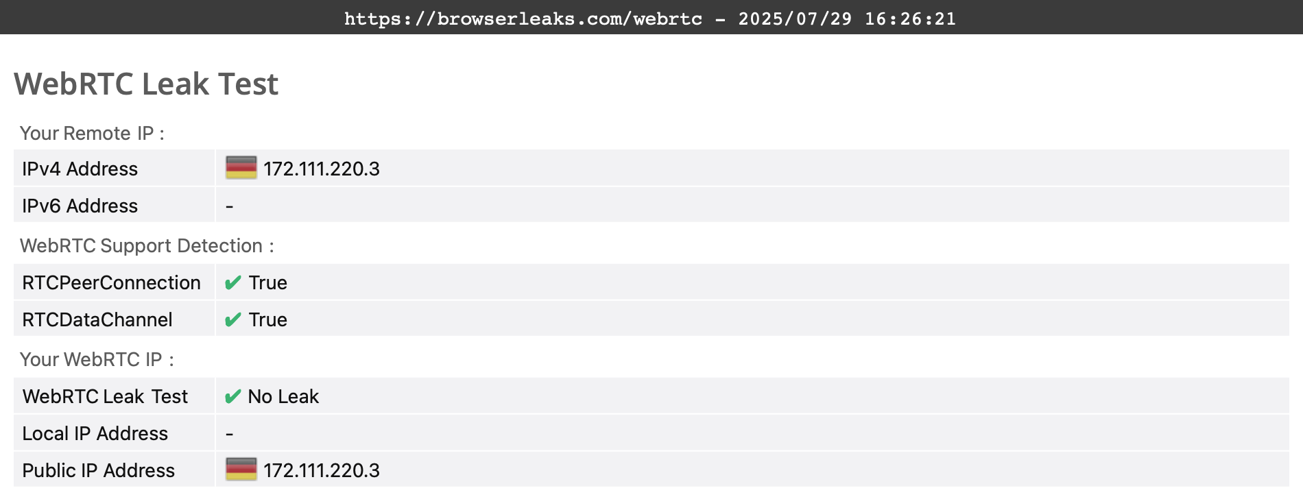 PureVPN's WebRTC leak test results (pass)
