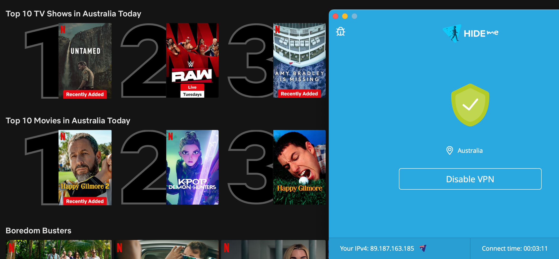 Netflix list of top shows and movies in Australia today with hide.me in the foreground