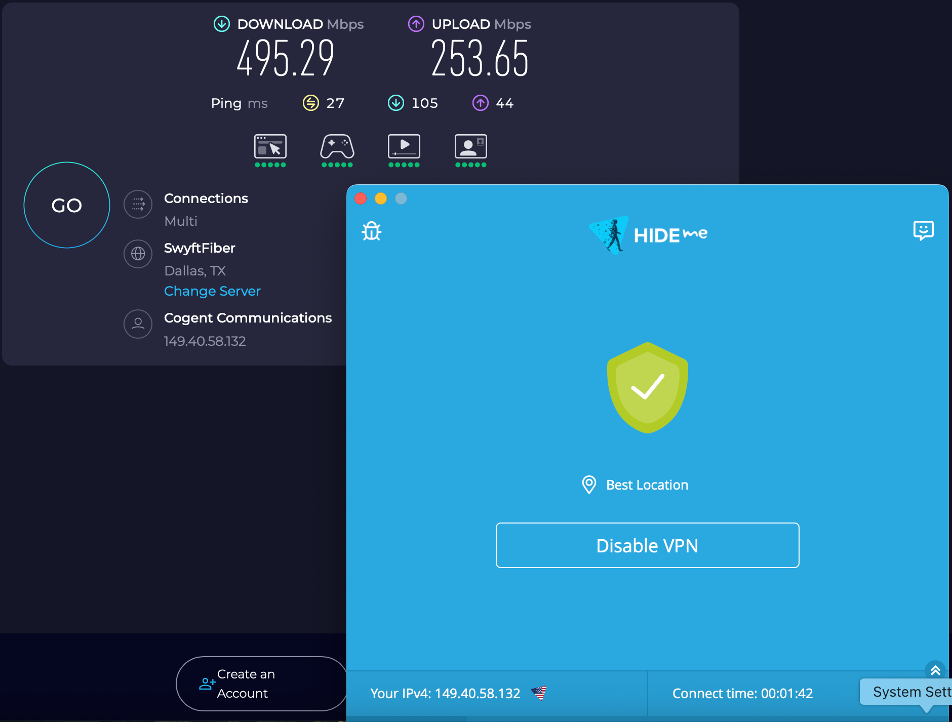 Speed test results for hide.me while connected to the best location server (495.29 download, 253.65  upload, 27 ping)