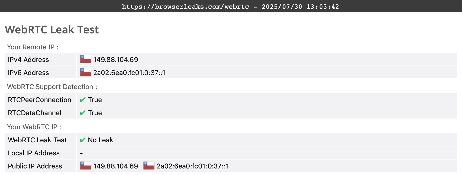 hide.me's WebRTC leak test results (pass)