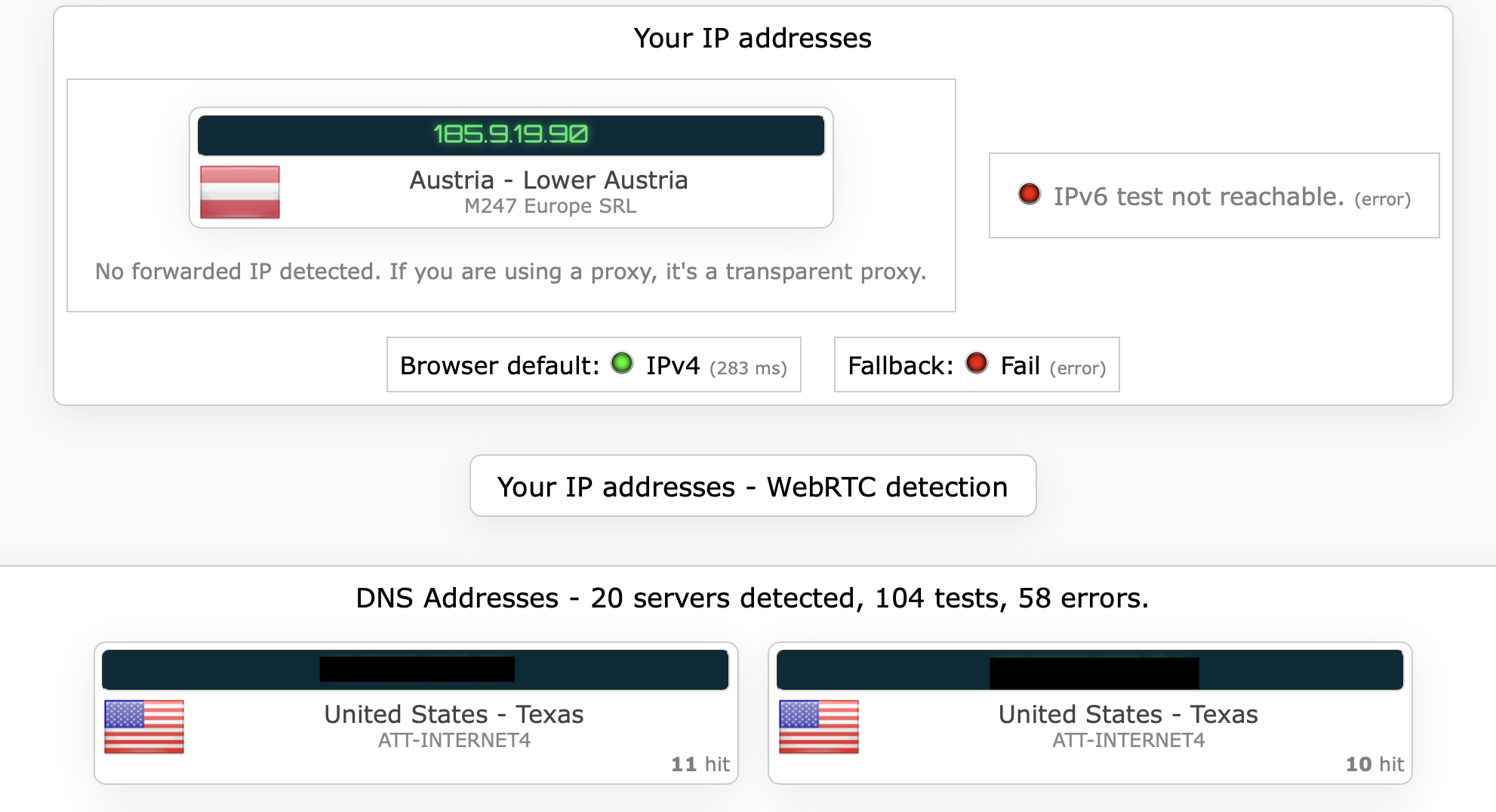 PrivateVPN's kill switch test results (fail)