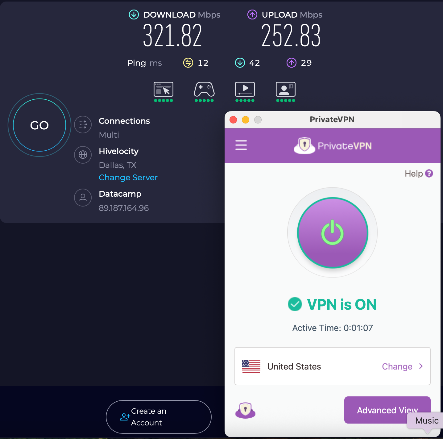 Speed test results for PrivateVPN while connected to a server in Dallas (321.82 download, 252.83 upload, 12 ping)