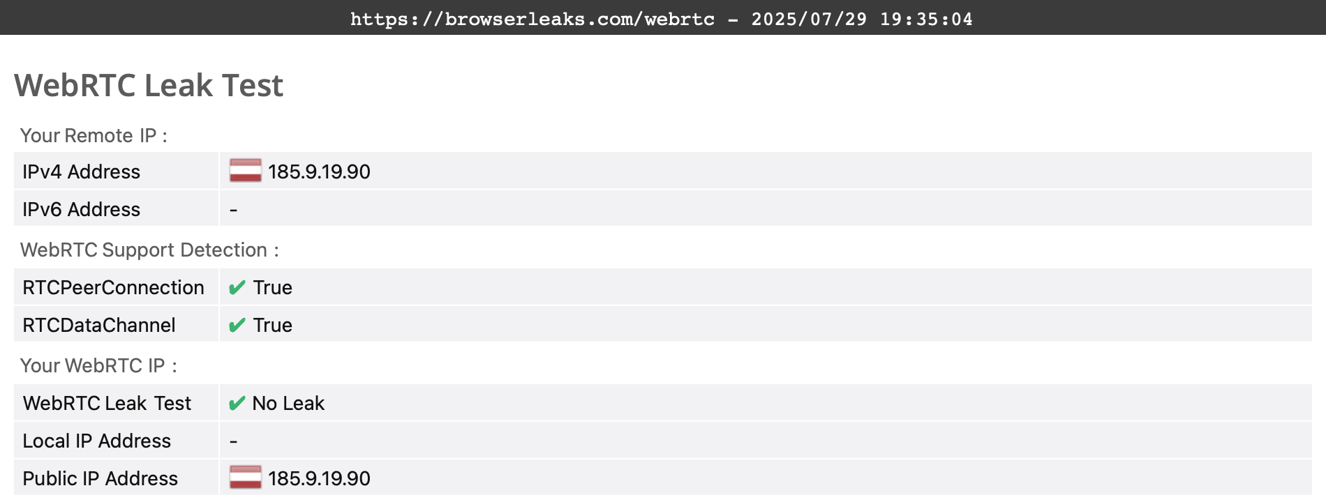 PrivateVPN's WebRTC leak test results (pass)
