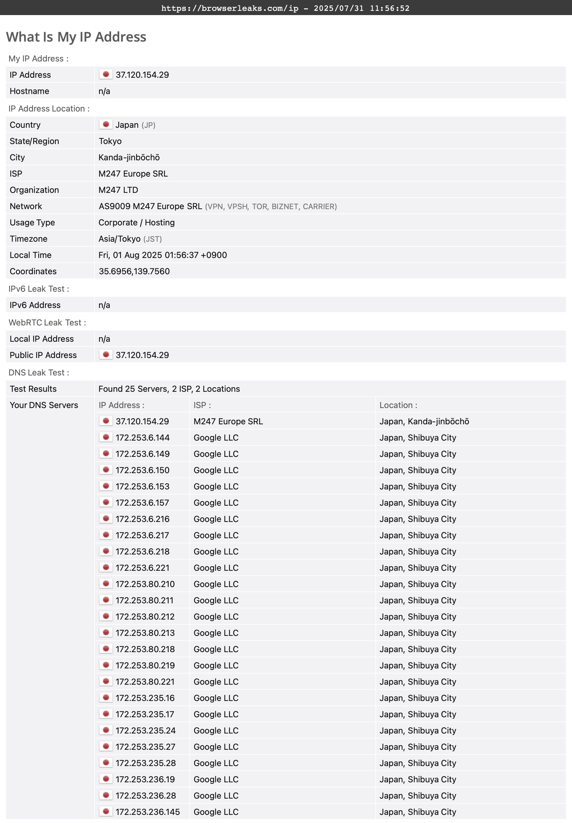 FastestVPN's DNS leak test results (pass)