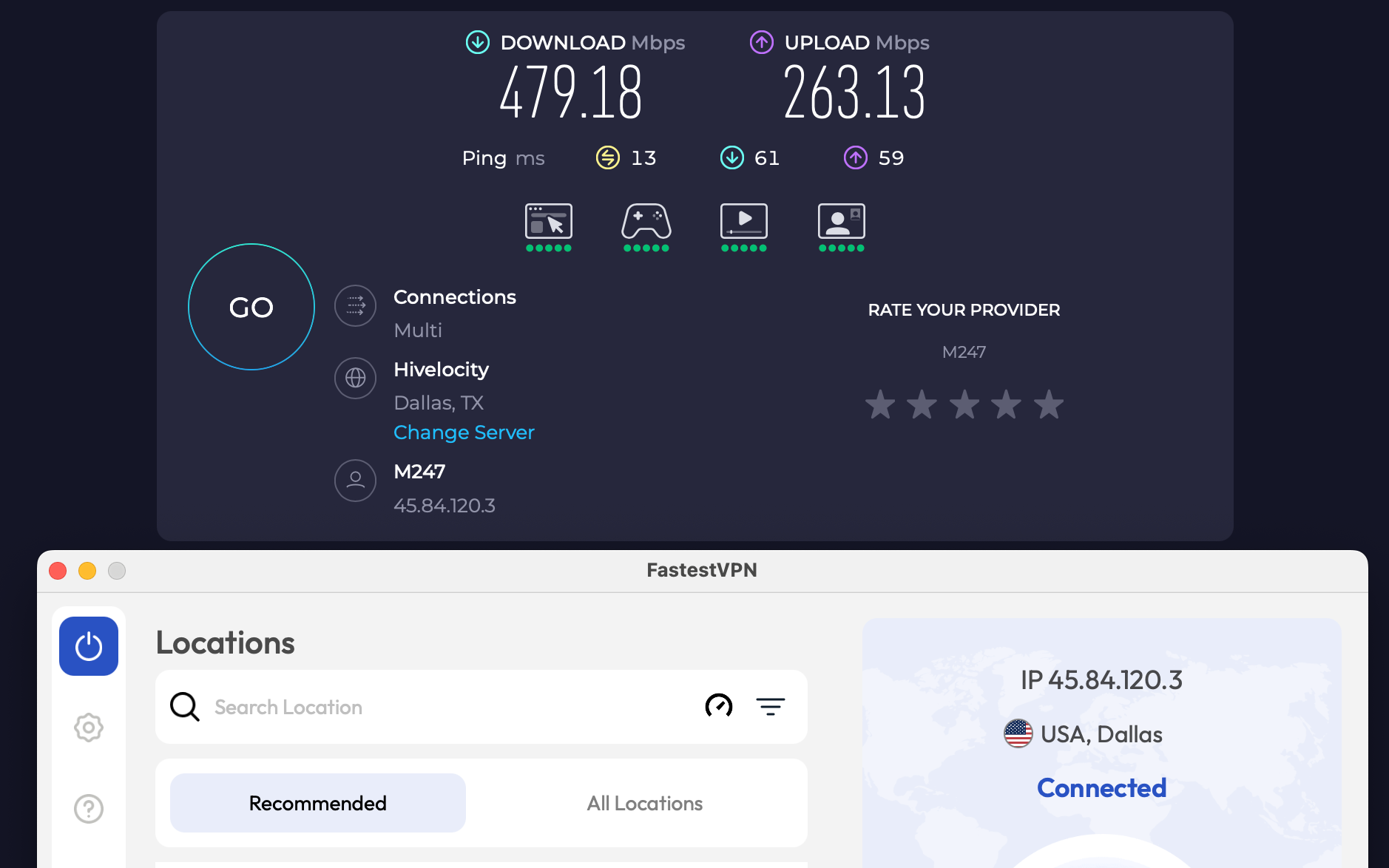 Speed test results for FastestVPN while connected to a server in Dallas (479.18 download, 263.13 upload, 13 ping).