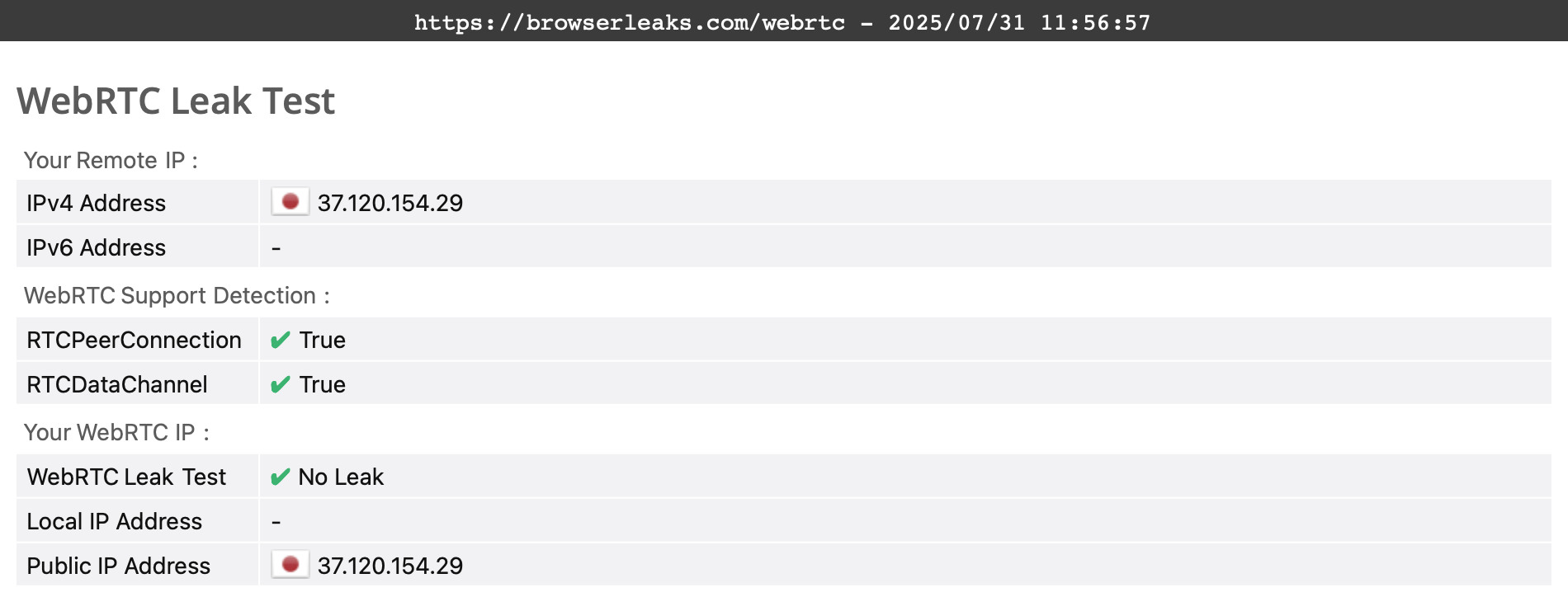 FastestVPN's WebRTC leak test results (pass).