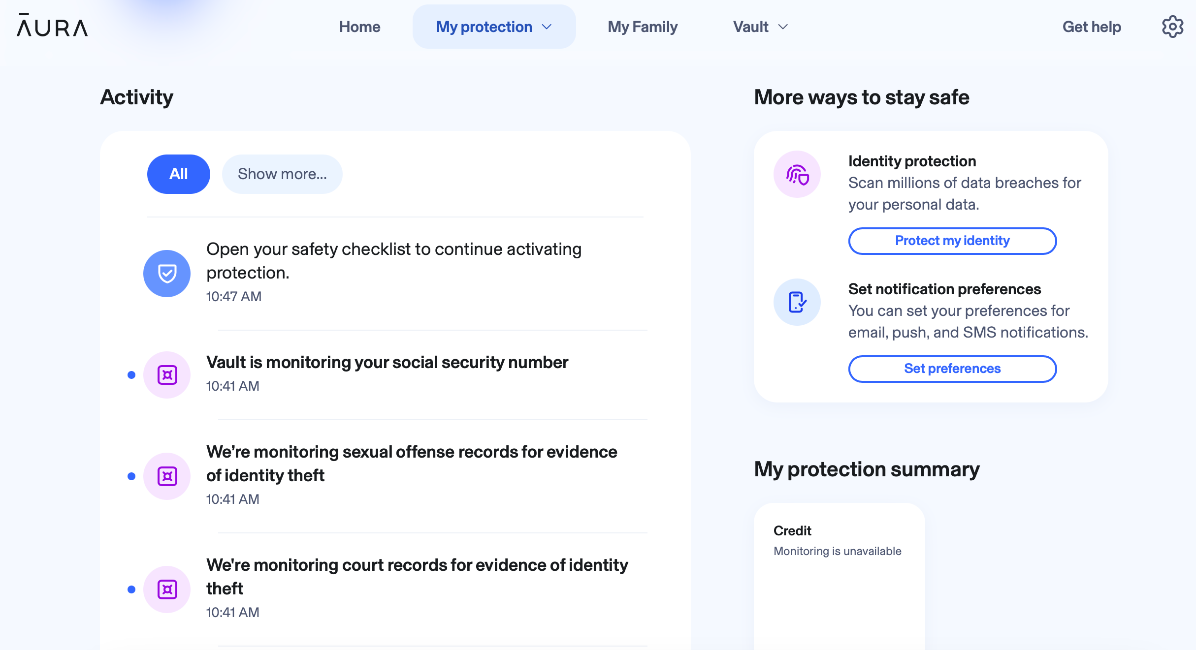 Aura Identity Theft Protection Dashboard