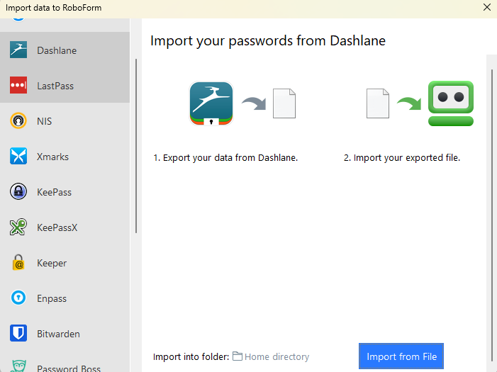 Roboform import data pop-up open on Dashlane tab