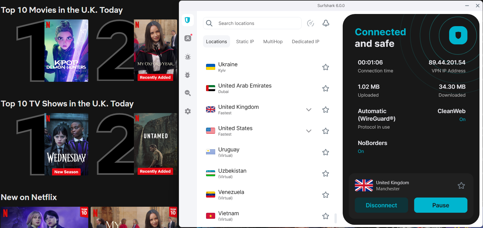 Netflix list of top shows and movies in the U.K. today with Surfshark in the foreground