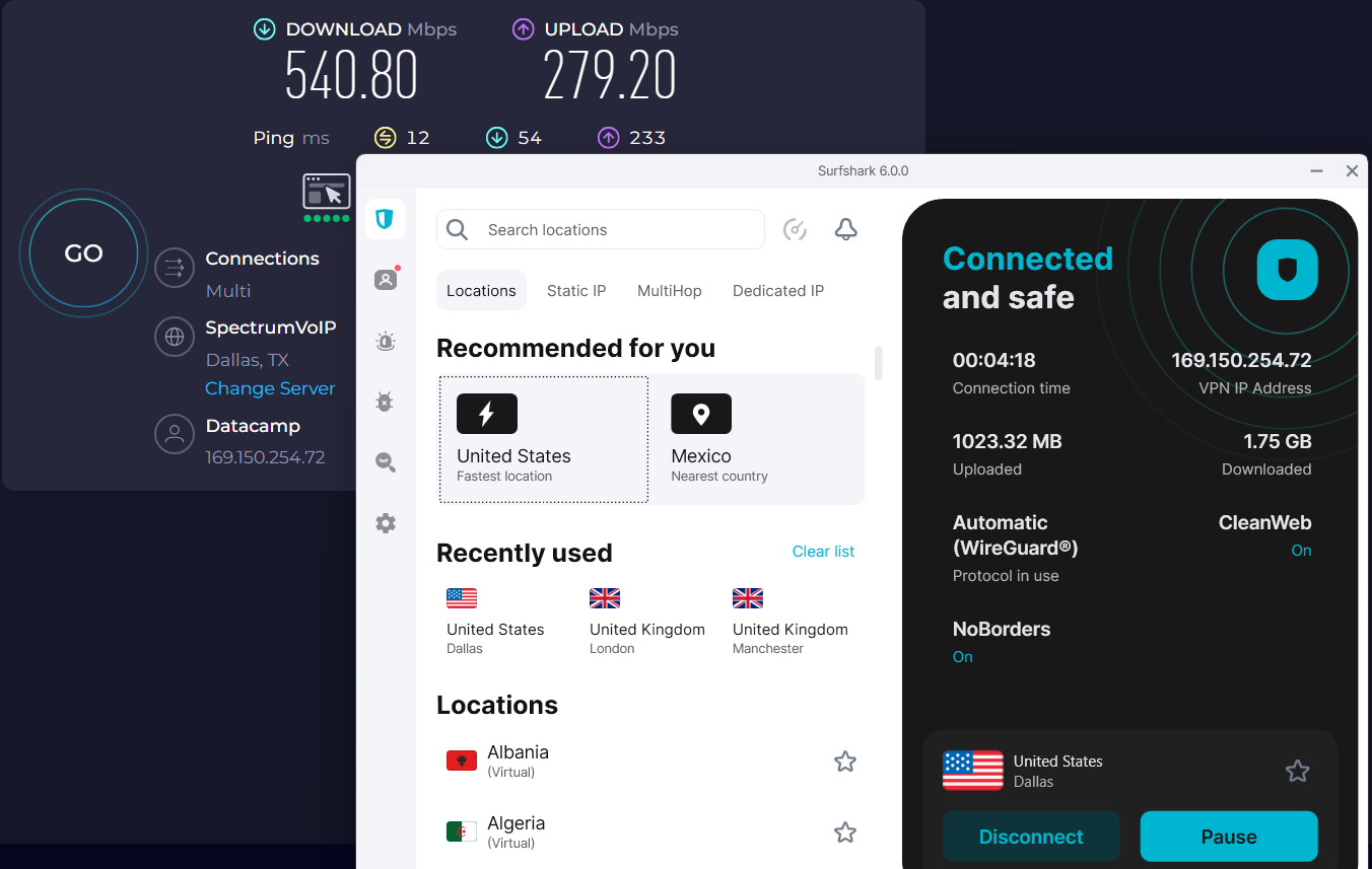 Speed test results for Surfshark while connected to a server in Dallas (540.80 download, 279.20 upload, 12 ping)