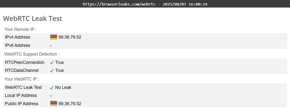 Surfshark's WebRTC leak test results (pass)